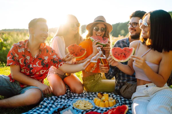 屋外のピクニックで自由な時間を受け入れるスイカを食べる会議を集めている魅力的な陽気な人々 ライフスタイル 休暇の概念 — ストック写真
