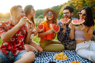 Açık havada piknikte karpuz yiyen gençler. İnsanlar, yaşam tarzı, seyahat, doğa ve tatil kavramı.