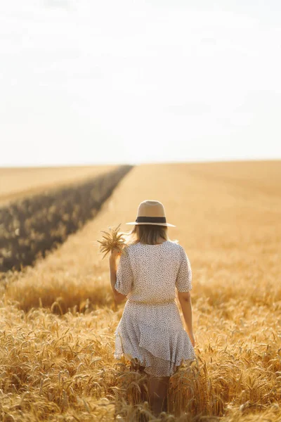 Stylová Mladá Žena Letních Šatech Klobouku Pózující Zlatém Pšeničném Poli — Stock fotografie