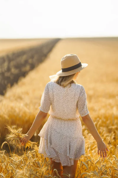 드레스를 황금빛밀 밭에서 모자를 라이프 스타일 — 스톡 사진