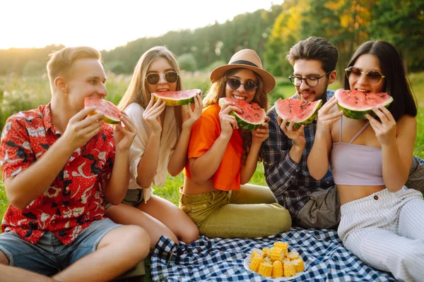Jongeren Die Watermeloen Eten Picknick Buiten Mensen Levensstijl Reizen Natuur — Stockfoto