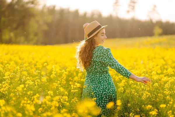Young Woman Walking Flowering Field Gently Touch Yellow Flowers Nature — Stock Photo, Image