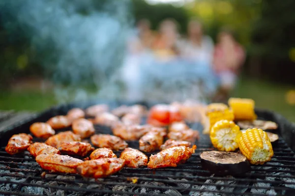 バーベキューグリル野菜とおいしいグリル肉を盛り合わせ 夏の庭でバーベキューに集まった人たち パーティー 友情の概念 — ストック写真