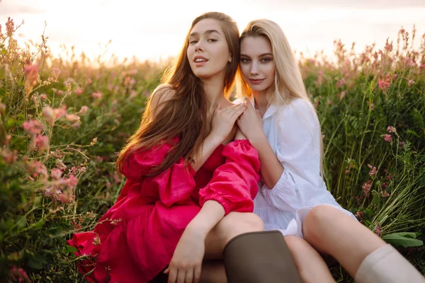 Duas Mulheres Vestidos Verão Elegantes Sentindo Livres Campo Com Flores — Fotografia de Stock