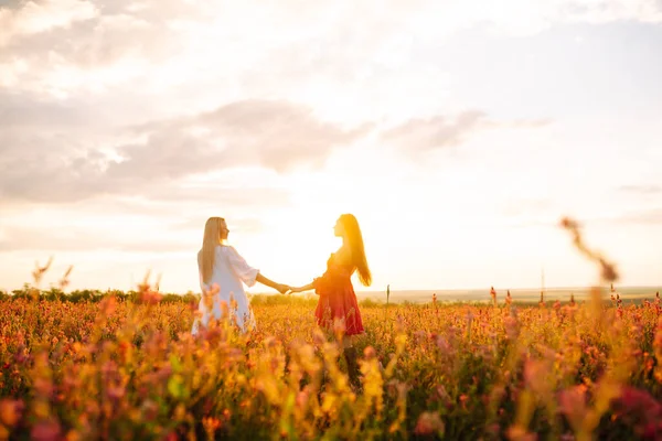 Dwie Kobiety Stylowych Letnich Sukienkach Czują Się Swobodnie Polu Kwiatami — Zdjęcie stockowe