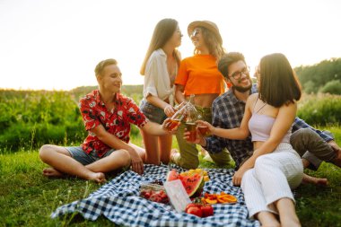 Bir grup genç, bira içerken eğleniyor, yaz günü şehir dışındaki piknik partisinde konuşuyor. Tatil, piknik, arkadaşlık veya bayram konsepti.