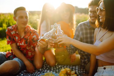 Bir grup genç, bira içerken eğleniyor, yaz günü şehir dışındaki piknik partisinde konuşuyor. Tatil, piknik, arkadaşlık veya bayram konsepti.