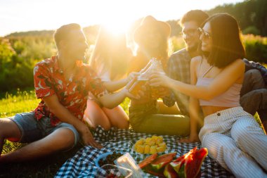 Parktaki bir piknikte bir grup mutlu arkadaş gülüyor ve dışarıda eğleniyorlar. İnsanların konsepti, yaşam tarzı, seyahat, tatil, doğa