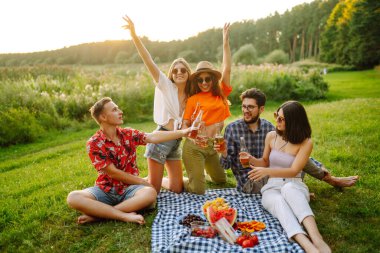 Parktaki bir piknikte bir grup mutlu arkadaş gülüyor ve dışarıda eğleniyorlar. İnsanların konsepti, yaşam tarzı, seyahat, tatil, doğa