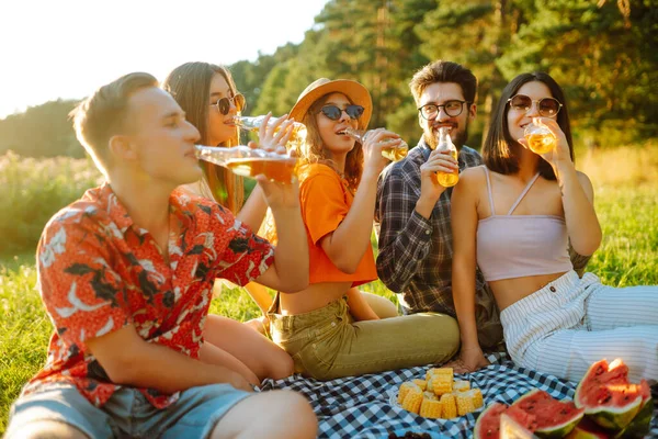 Een Groep Gelukkige Vrienden Bij Een Picknick Het Park Een — Stockfoto