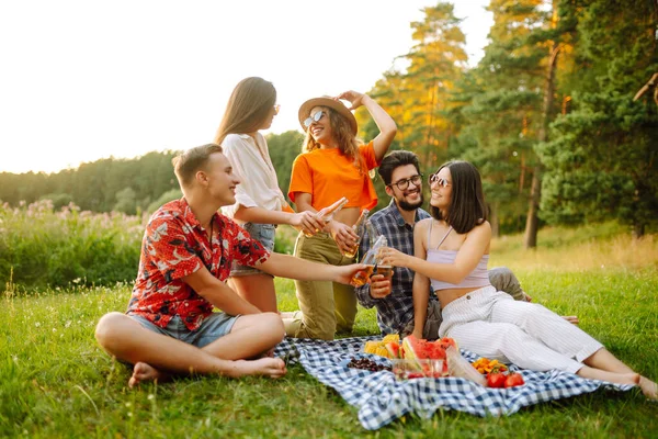 Group of happy friends at a picnic in the park on a green lawn laughing, having fun outdoors. The concept of people, lifestyle, travel, vacation, nature