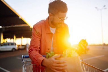 Bir çanta dolusu erzakla genç bir adam, bir arabada. Market teslimatçısı taze sebze teslimat servisi hazırlıyor. Sağlıklı yaşam tarzı.