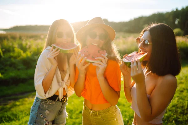 笑顔の親友のグループは ピクニックで暑い夏の日にスイカを食べて楽しんでいます 3人の友人がリラックスして自然を楽しんでいます ピクニック 友情の概念 — ストック写真