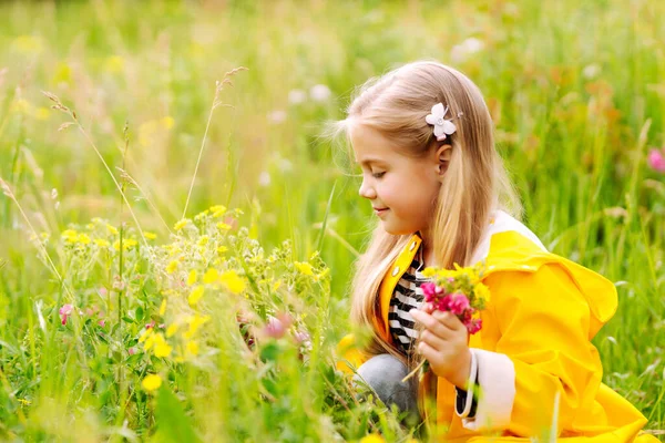 Menina Feliz Colhendo Flores Selvagens Prado Atividades Livre Sazonais Verão — Fotografia de Stock