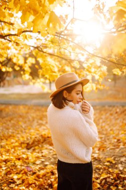 Şık kıyafetler içinde güzel bir kadın ve güneşli bir günbatımında sonbahar parkında yürüyen bir şapka. Moda konsepti, tarz.