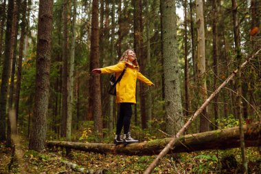 Sırt çantalı sarı ceketli bir kadın turist ormanda ahşap bir patika boyunca seyahat ediyor. İz sürüyorum. Seyahat kavramı, doğa, tatil.