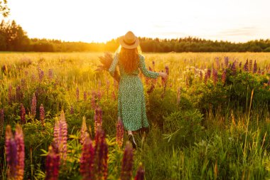 Hasır şapkalı, parlak elbiseli, elinde mor lupin çiçekleri olan güzel bir kadın. Gülümseyen kadın kırsalda yürürken havadan ve manzaradan hoşlanır..