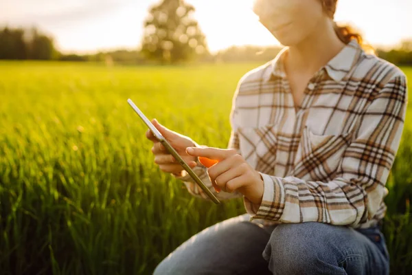 Wanita Petani Menggunakan Teknologi Modern Tablet Digital Untuk Pertanian Cerdas — Stok Foto