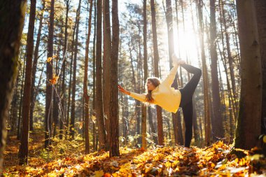 Güzel bir kadın sonbahar ormanında yoga yapıyor. Yaşam tarzı ve meditasyon konsepti.