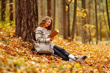 Kıvırcık saçlı ve elinde kitap olan bir kadın sonbahar ormanında bir akçaağaç ağacının altında oturur, okur ve havanın tadını çıkarır. Sonbahar, tatil kavramı.