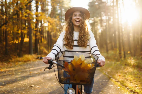 Happy Active Woman Stylish Clothes Rides Bicycle Season Park Sunset — Stok Foto