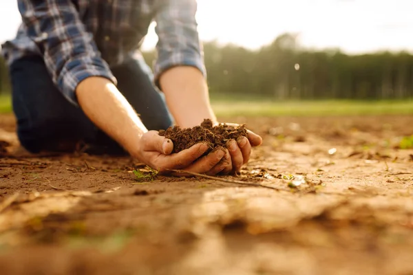 농부의 뿌리기 건강을 확인합니다 토양과 클로즈업 비즈니스 생태학 — 스톡 사진