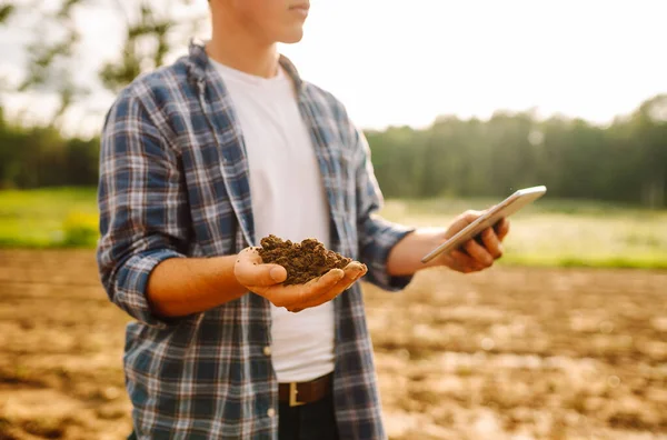 화창한 필드에서 경험이 풍부한 농부는 토양을 디지털 태블릿을 사용하여 건강을 — 스톡 사진