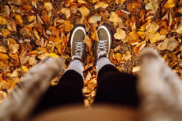 Autumn mood. Close-up of female legs in hiking boots on autumn leaves in the park. The concept of nature, relaxation, walking.