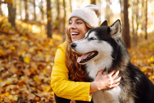 Glückliche Frau Geht Mit Ihrem Husky Hund Herbstlichen Wald Spazieren — Stockfoto