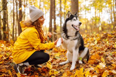 Sarı montlu güzel genç bir kadın güz parkında evcil köpeğiyle yürüyor. Bir evcil hayvan sahibi köpeğiyle vakit geçirir. Eğlence anlayışı, eğlence.