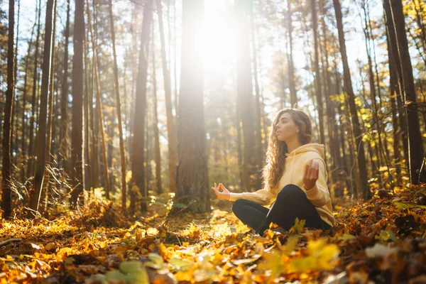 Active woman practices yoga in the autumn forest among yellow fallen leaves, catches zen. Concept of meditation, relaxation. Active lifestyle.