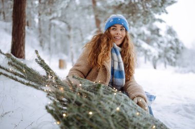 Gülümseyen kadın eve Noel ağacı taşıyor. O, güzel kış havasının tadını çıkarıyor. Kış tatili kavramı, mutluluk, rahatlama..