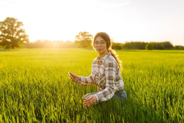 Genç kadın tarım uzmanı yeşil buğday tarlasında modern dijital tablet üzerinde çalışıyor. Yaşlı bir çiftçi, tablet kullanan genç buğday filizlerinin kalitesini kontrol ediyor..