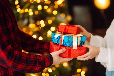 Noel ağacının yanında birbirine aşık güzel bir çift, hediye alışverişini kutluyorlar, birlikte vakit geçiriyorlar. Tatil kavramı.