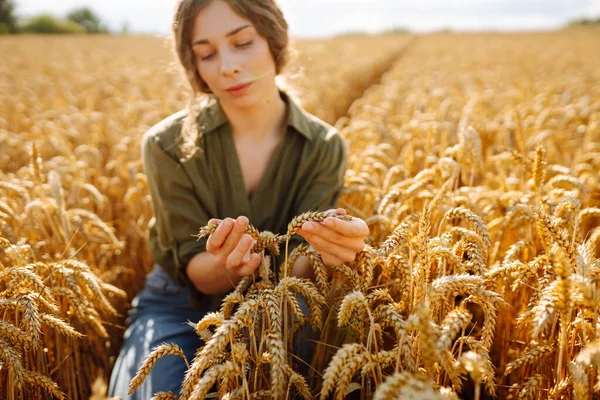 Seorang Petani Wanita Menganalisis Panen Ladang Gandum Emas Seorang Agronomis — Stok Foto