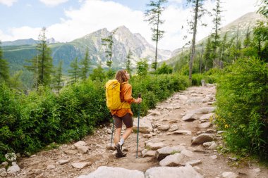Yürüyüş direkleri ve parlak bir sırt çantası olan genç bir bayan gezgin yürüyüş yolu boyunca dağ manzarasının tadını çıkarıyor. Aktif yaşam tarzı. Seyahat tutkusu.