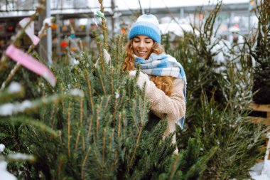 Mutlu kadın Noel ağacı alıyor. Sıcak giysiler içinde gülümseyen bir kadın markette bir Noel ağacı seçiyor. Tatil kavramı.