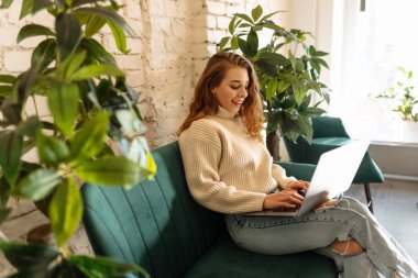 Genç bir kadın bir kafede otururken dizüstü bilgisayarla çalışıyor. Freelancer, modern bir kafede online olarak çalışıyor. Teknoloji kavramı, serbest çalışma. Yaşam biçimi.