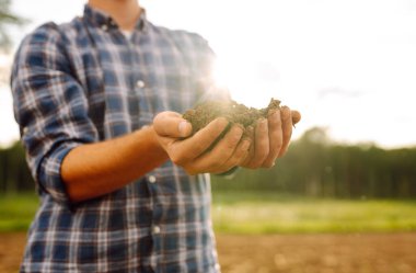 Close-up of a farmer's strong hands on a black field. The male hands of an agronomist sort through and check the quality of the soil. Concept of gardening, ecology.