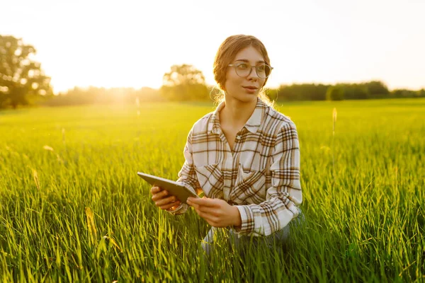 A woman farmer holds a digital tablet checking the quality of the crop in a sunset field. The concept of a rich harvest, gardening, ecology.