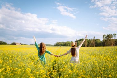 Güzel elbiseli iki genç kadın, sarı kolza tohumlarıyla bir tarlada yürüyorlar. Güzel kız arkadaşlar havanın tadını çıkarıyor, çiçek tarlasında eğleniyorlar. Eğlence kavramı, rahatlama..