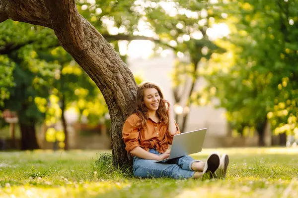 Hoş bir kadın dışarıda dizüstü bilgisayarla vakit geçiriyor. Neşeli kadın parktaki çimlerde internetten çalışıyor. Bağımsız çalışma kavramı, yürüme.