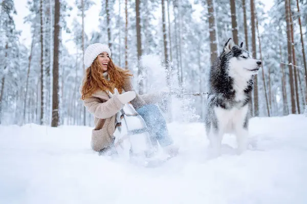 A young woman in warm clothes walking her dog in a picturesque snowy forest. Woman laughing and playing with pet in the park. Domestic dog concept.