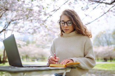 Parktaki dizüstü bilgisayarlı genç kıvırcık kadın. Gülümseyen serbest çalışan, dışarıda çalışan, güzel havanın tadını çıkaran biri. Eğitim, iş, blog veya serbest çalışma kavramı.