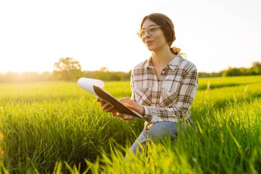 Genç çiftçi kadın, yeşil buğday tarlasındaki bir tabletten hasat sürecini kontrol ediyor. Yeni buğday ekinleri büyüyor. Tarım ve tarım kavramı.