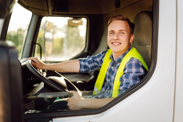 Professional truck driver ready for job. Transportation service.