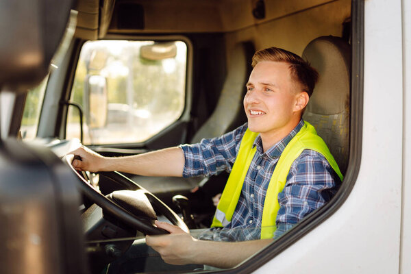 Professional truck driver ready for job. Transportation service.