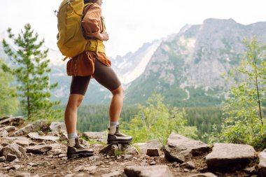 Yürüyüş yolunda duran ve manzaraya bakan yürüyüşçü bacakları. Doğa kavramı..