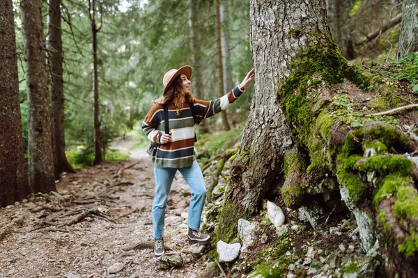 Wanita Muda Dengan Ransel Berjalan Hutan Yang Indah Tema Pendakian — Stok Foto