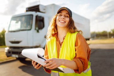 Kadın kamyon şoförü araç kapısında bekliyor. Ulaştırma servisi. Kamyon şoförü kadın.. 